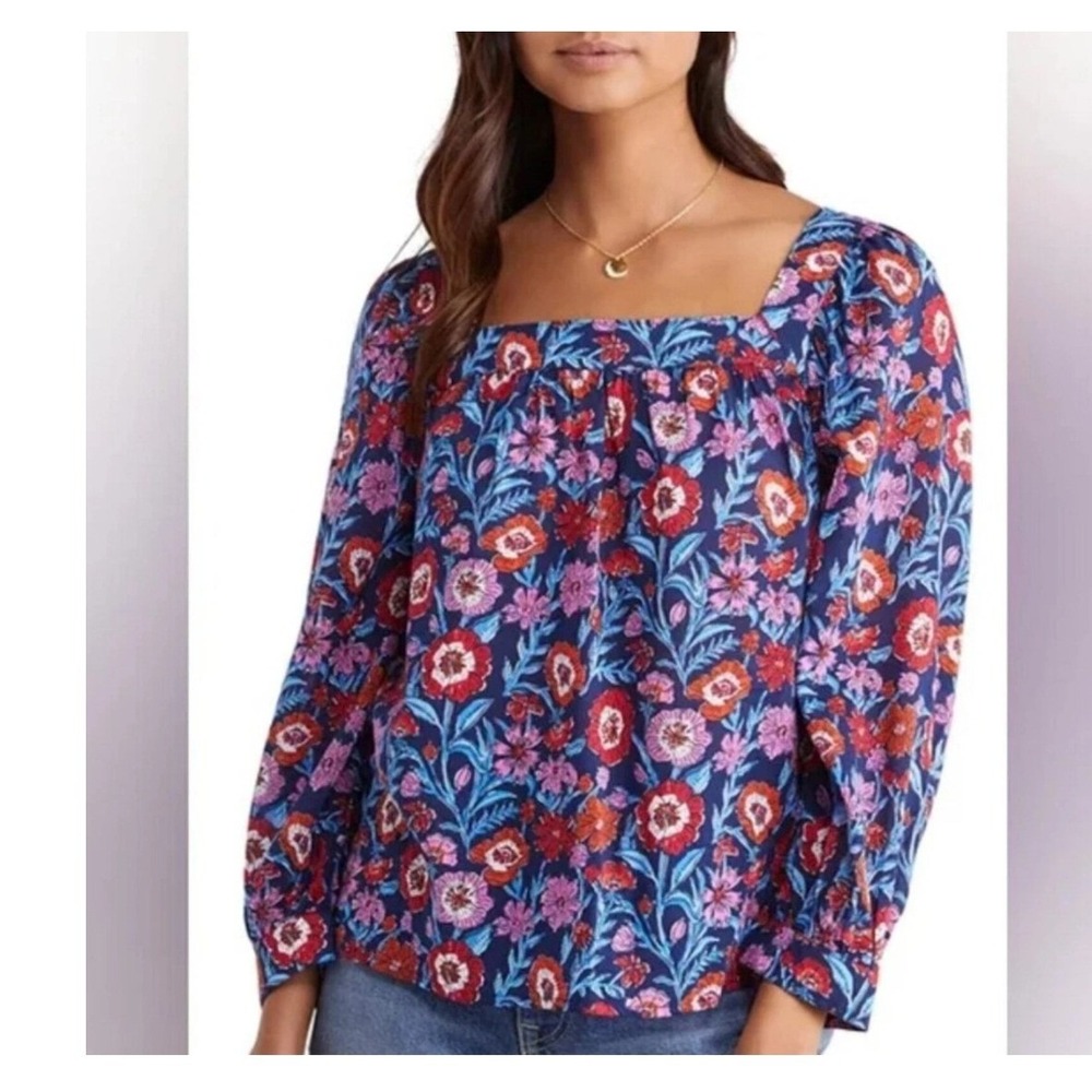 Vineyard Vines Women XS Floral Square Neck Long Sleeve Cotton Modal Blouse Navy